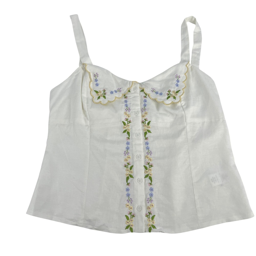 ASTR The Label Off White Linen Embroidered Scallop Collar Cami Top AT19505 NEW